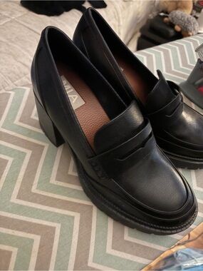 Black Leather Block Heel Loafers - Women